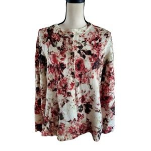 J Jill Burnt Orange & Cream Floral Soft Cotton Blend Cardigan Sweater Sz M